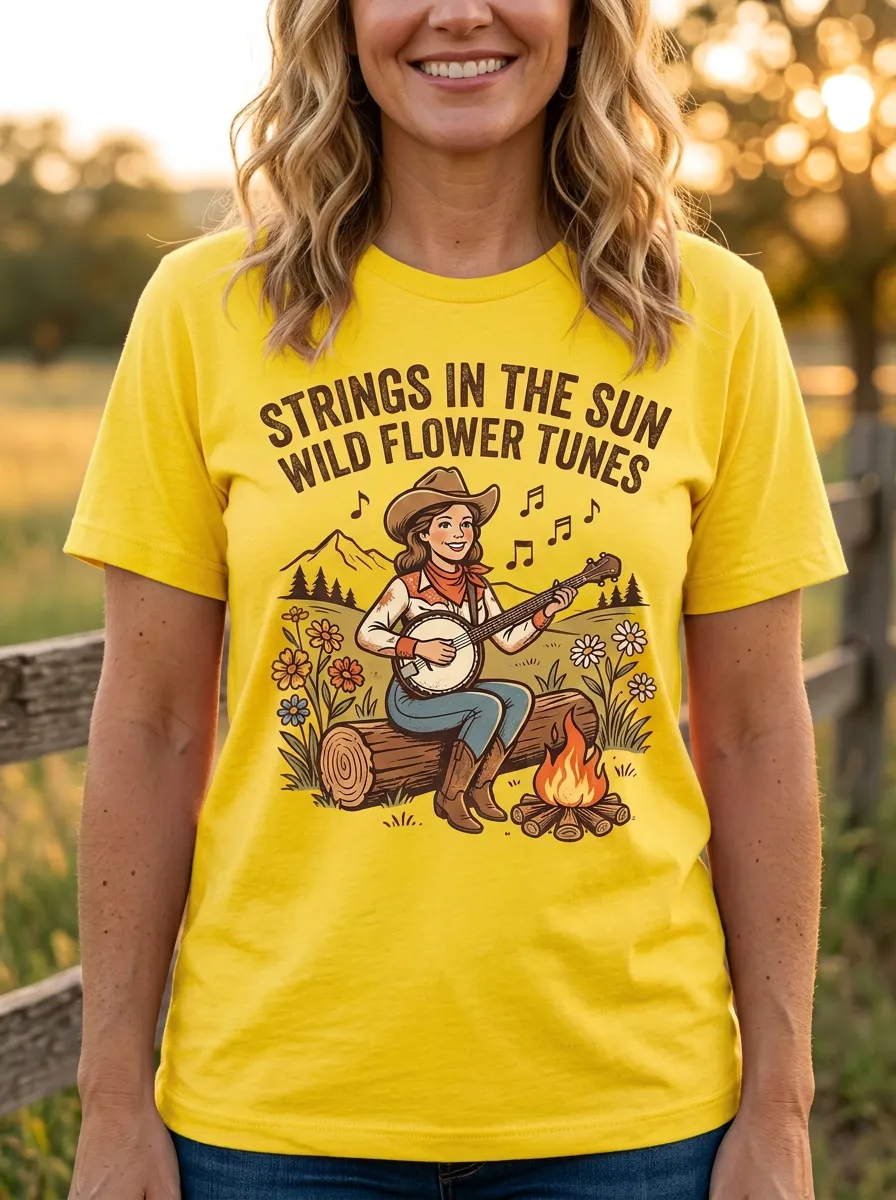 Backroad Country Music Banjo Player Wildflower Crew Neck T-Shirt