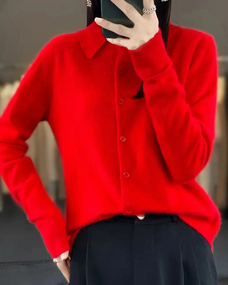 Mink-Cashmere Cashmere Button-Front Polo-Collar Cardigan