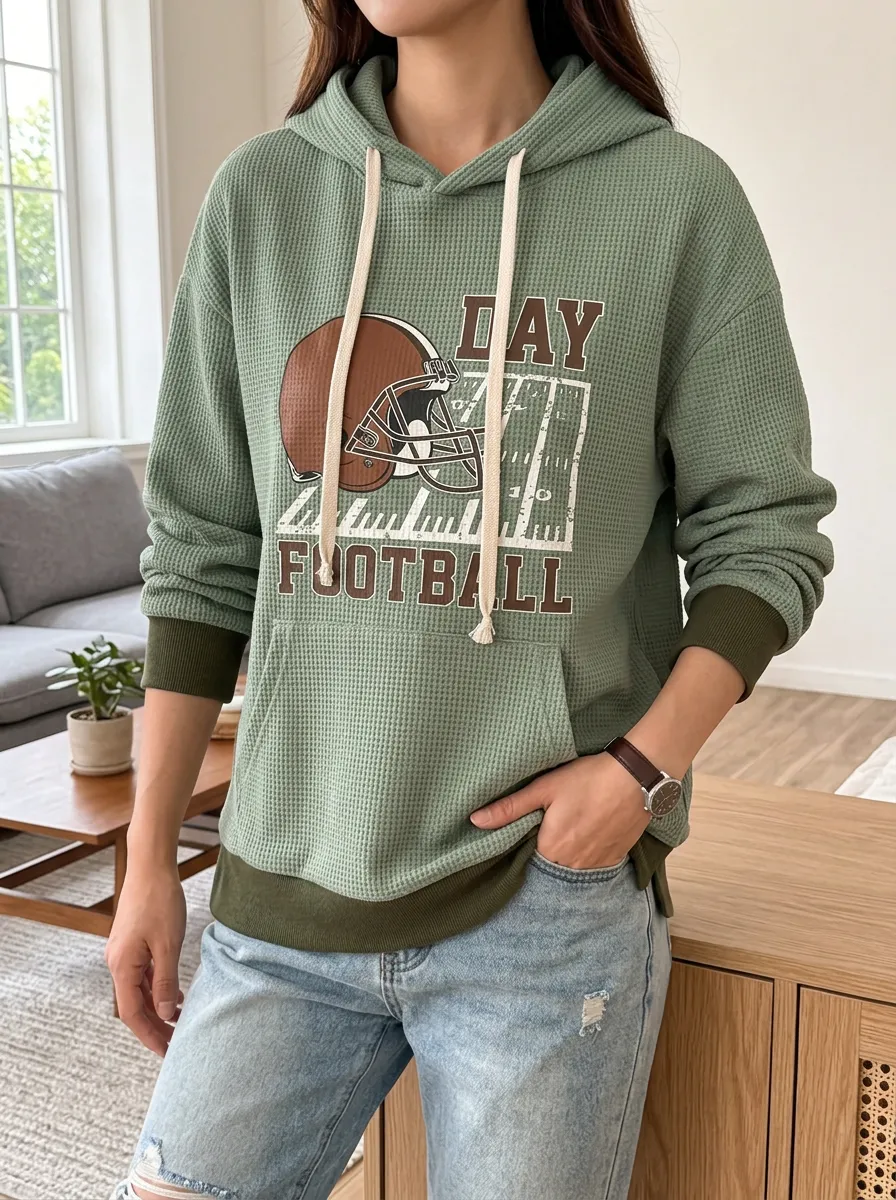 Women's Football Day Helmet Graphic Printed Waffle Hoodie