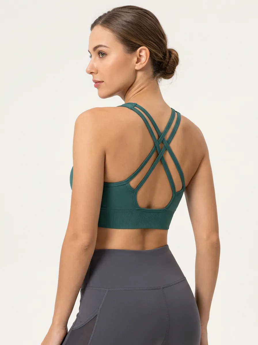 Women's Printed Solid Color Strappy Cross Back Sports Bra
