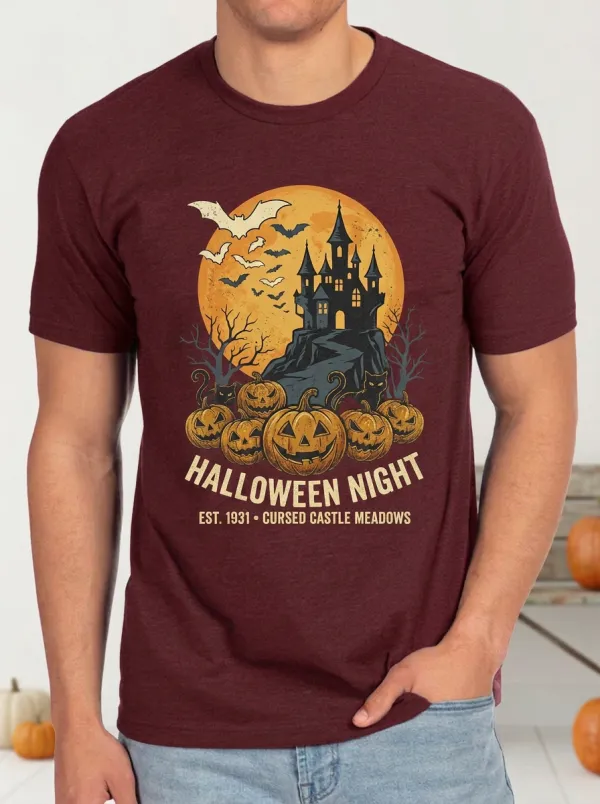 Men's Halloween Night Cursed Castle Pumpkin Printed T-shirt
