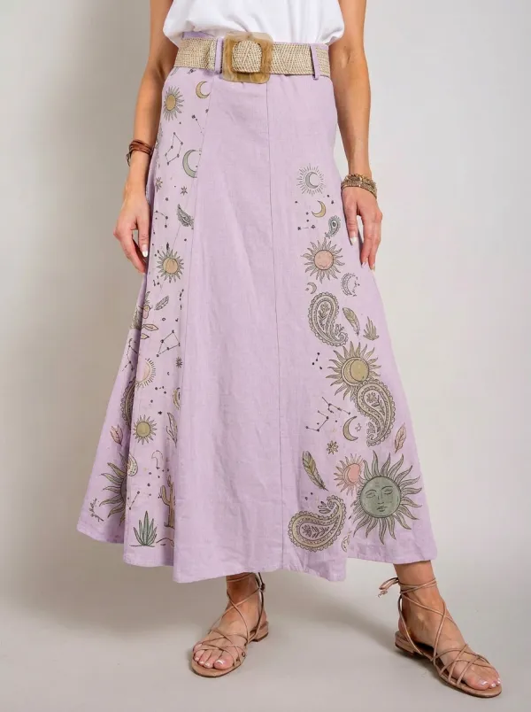 Women's Boho Celestial Sun Moon Paisley Printed Midi Skirt