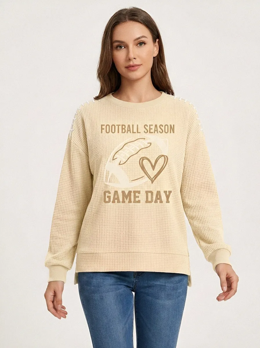 Women's Football Season Heart Graphic Printed Waffle Knit T-Shirt