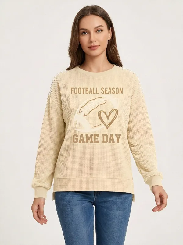 Women's Football Season Heart Graphic Printed Waffle Knit T-Shirt