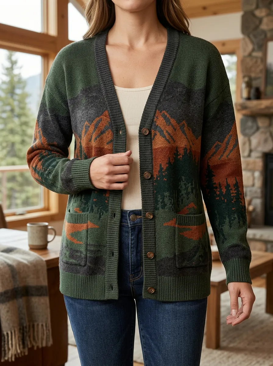 Women's Nature Lover Mountain Forest Printed Intarsia Knit Classic Wardrobe Cardigan