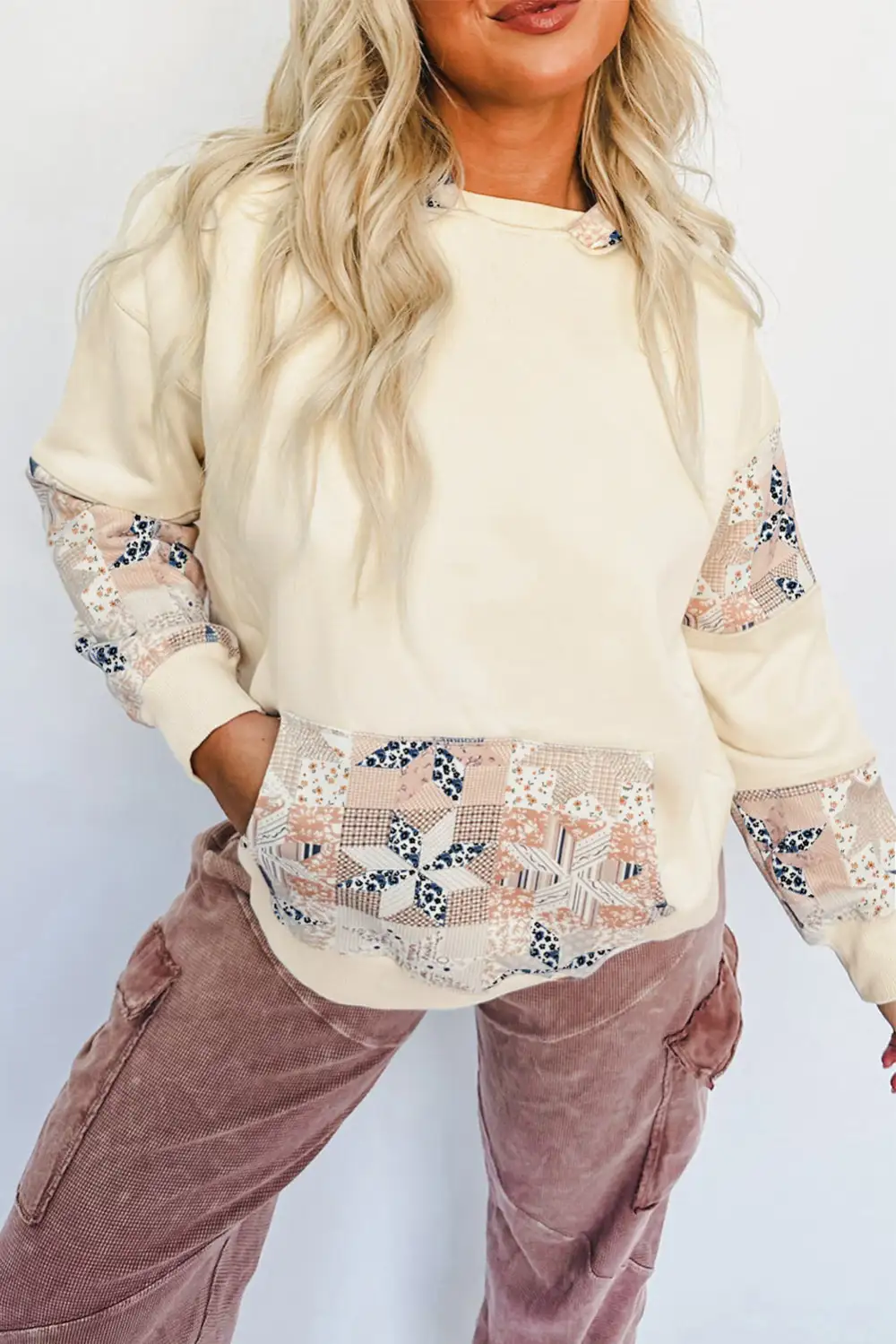 Kangaroo-Pocket Drop-Shoulder Patchwork Hoodie