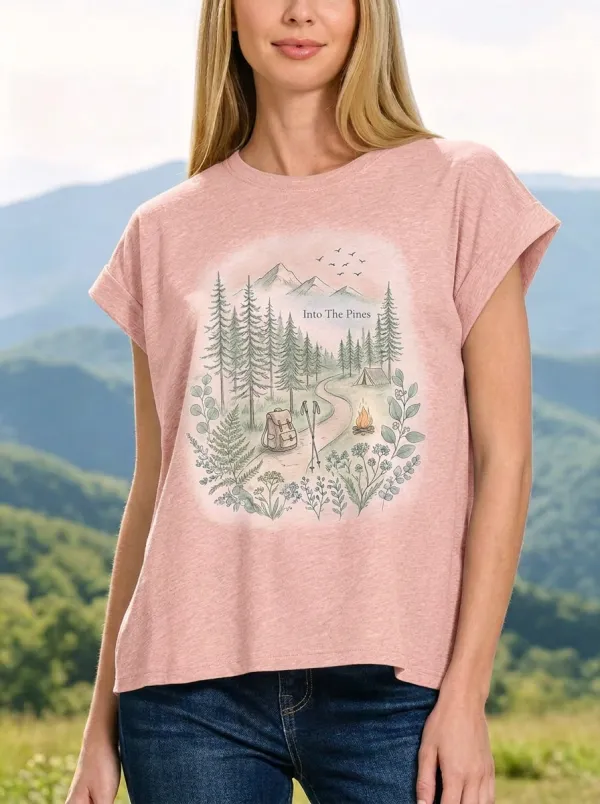 Women's Nature Camping Lover Mountain Pine Forest Printed T-shirt