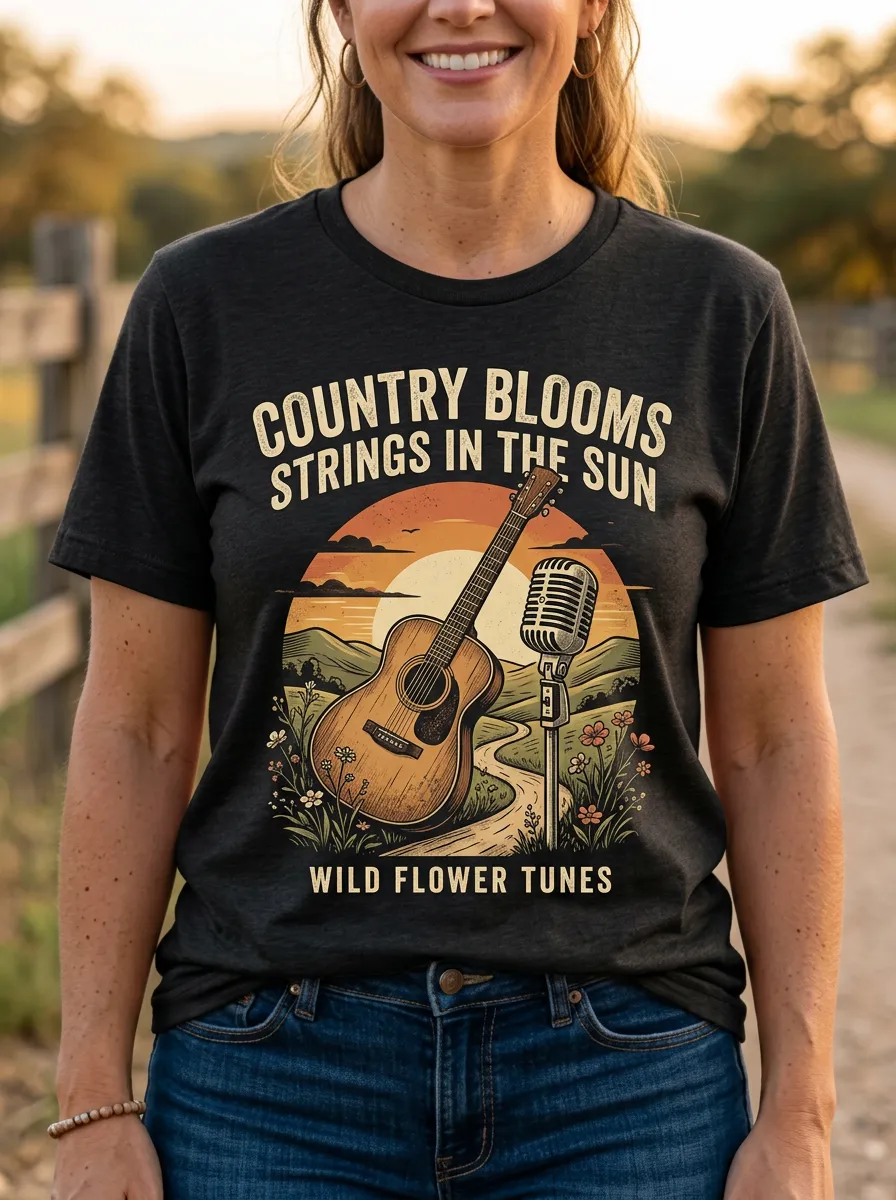 Guitar Wildflower Microphone Country Music Crewneck T-Shirt