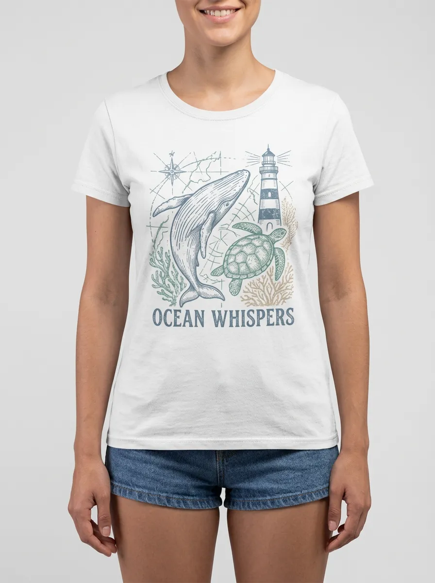 Women's Ocean Lover Whale Turtle Lighthouse Printed Bodysuit