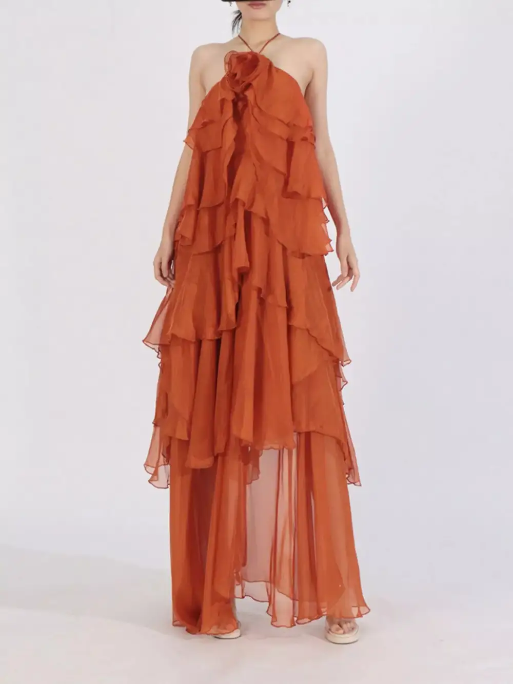Tiered Halter Chiffon Maxi Dress