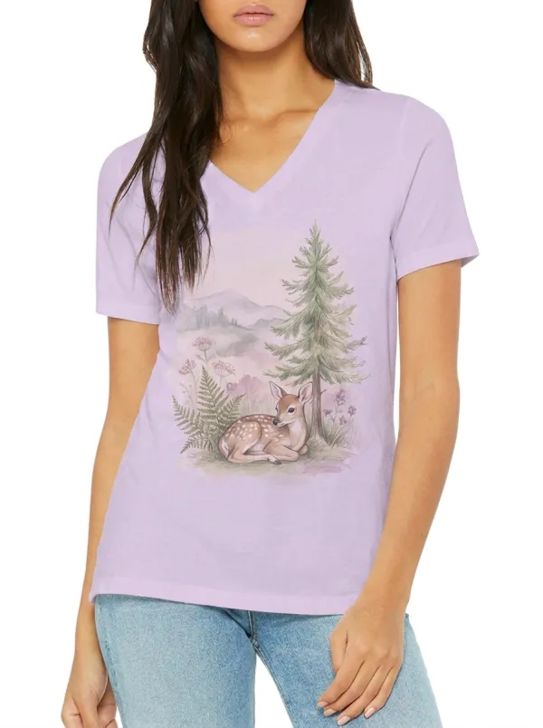 Women's Nature Lover Forest Fawn Printed V-neck T-shirt