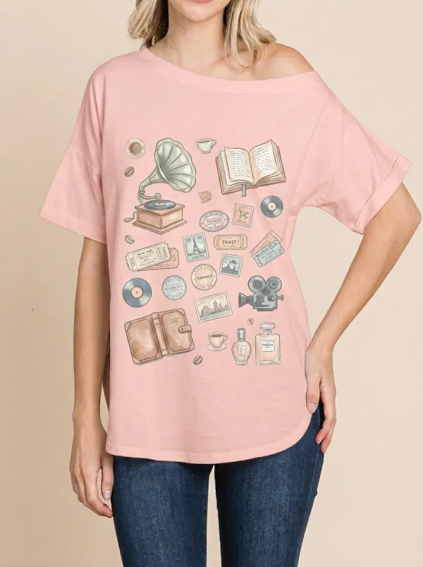 Women's Vintage Aesthetic Travel Book Record Printed T-shirt