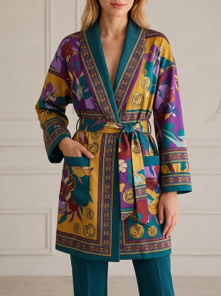 Women's Vintage Floral Coin Pattern Printed Kimono Jacket