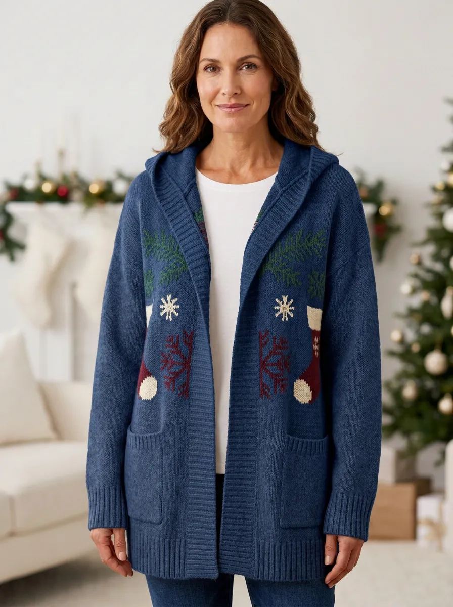 Christmas Snowflake Pine Print Hooded Cardigan