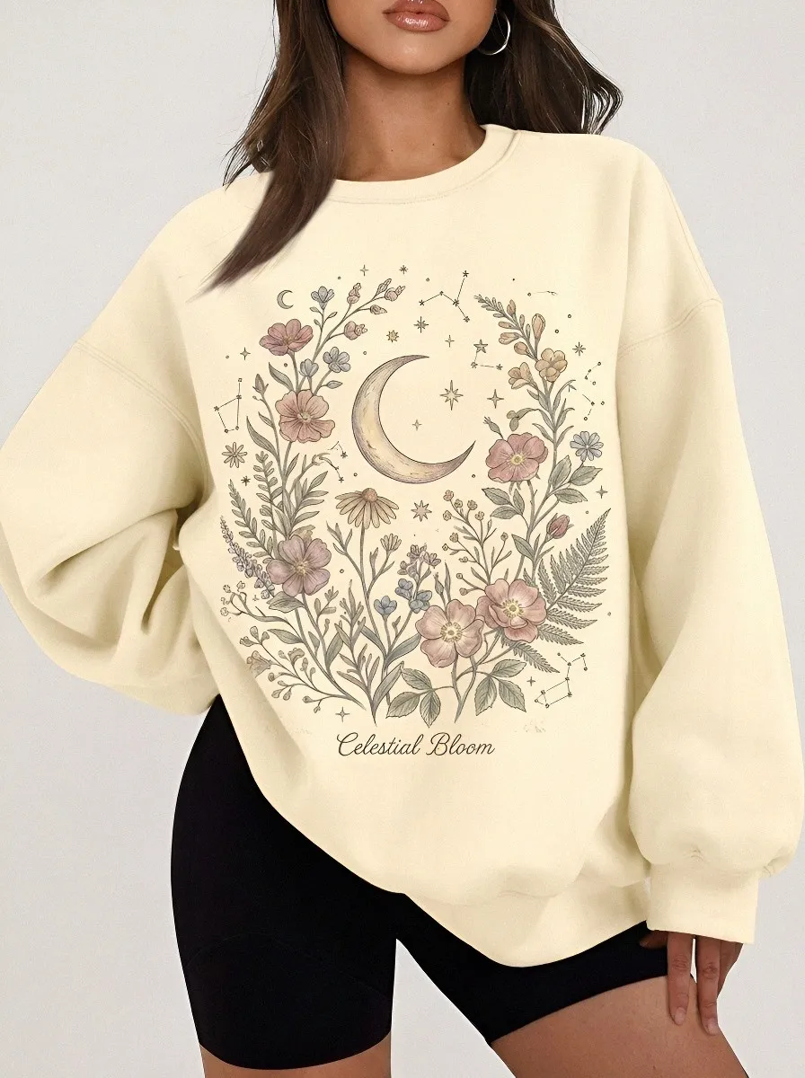 Women's Celestial Moon Floral Botanical Printed Sweatshirt
