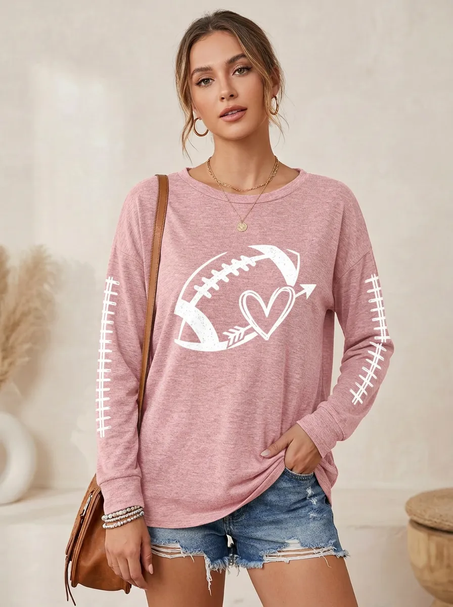 Women's Heritage Inspired Football Ball Heart Long Sleeve Graphic T-Shirt