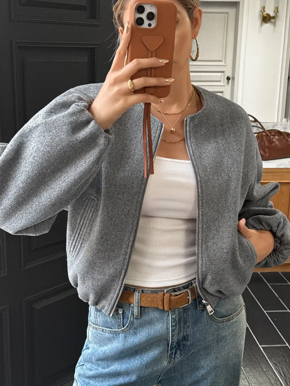Textured Zip Front Elastic Hem Bomber Jacket