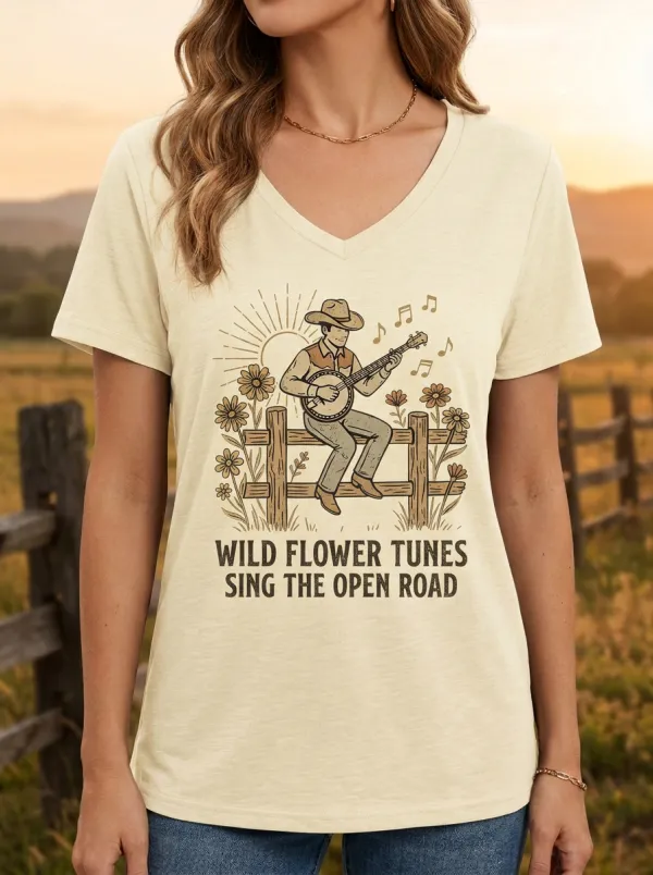 Americana Banjo Wildflower Country Music Graphic T-Shirt