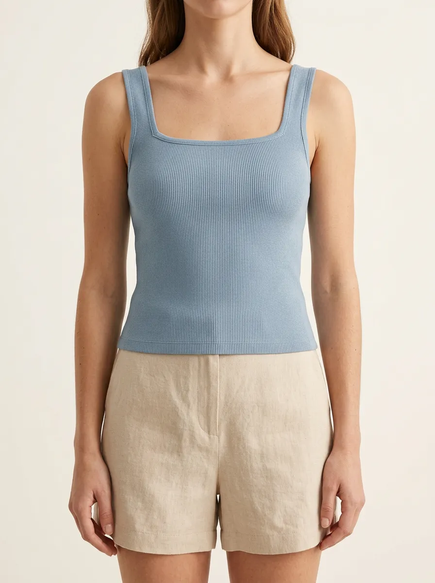 Women's Relaxed Layered Square Neck Wide Strap Ribbed Straight Hem Camisole Top