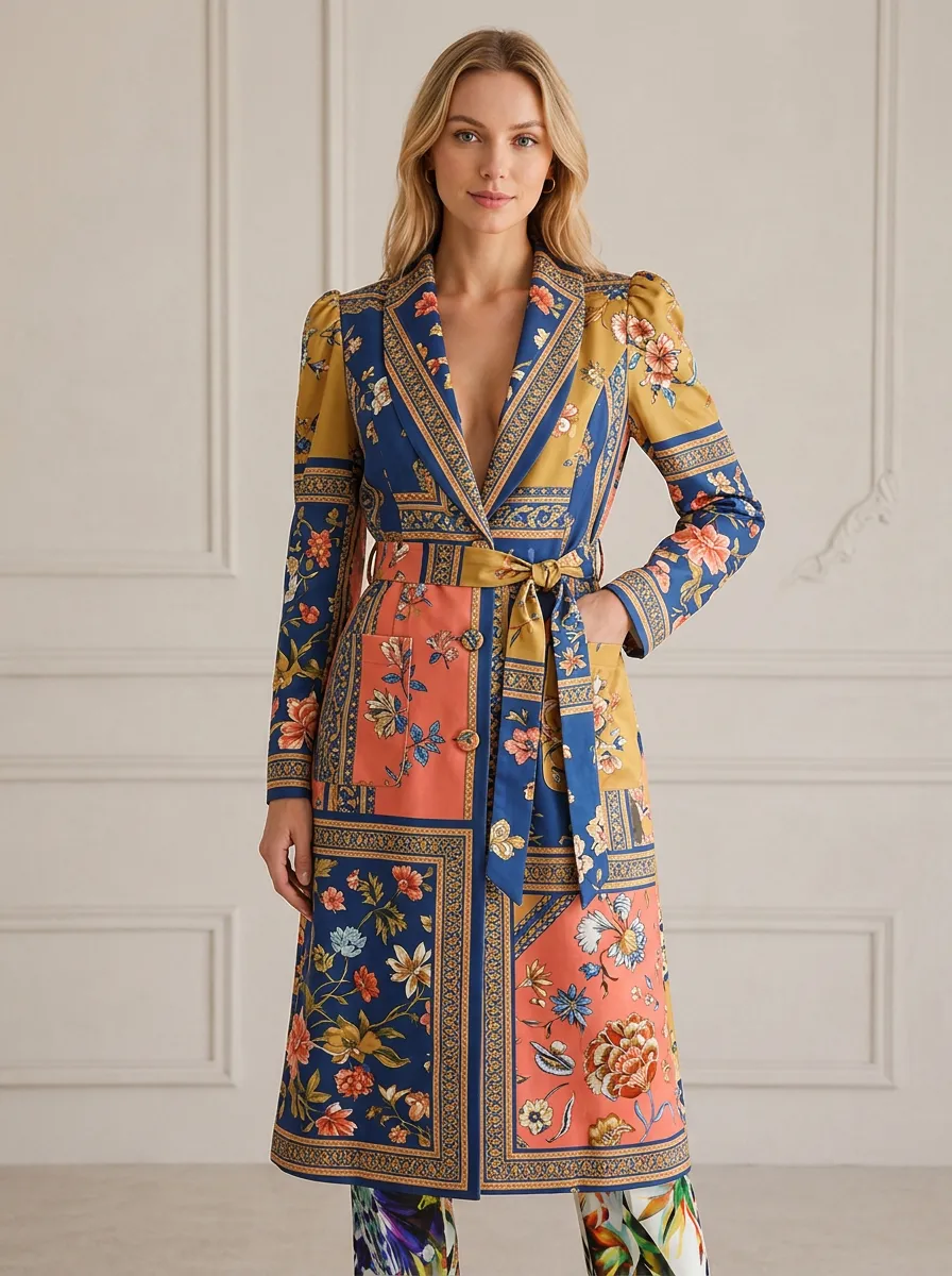 Women's Vintage Floral Baroque Printed Trench Coat