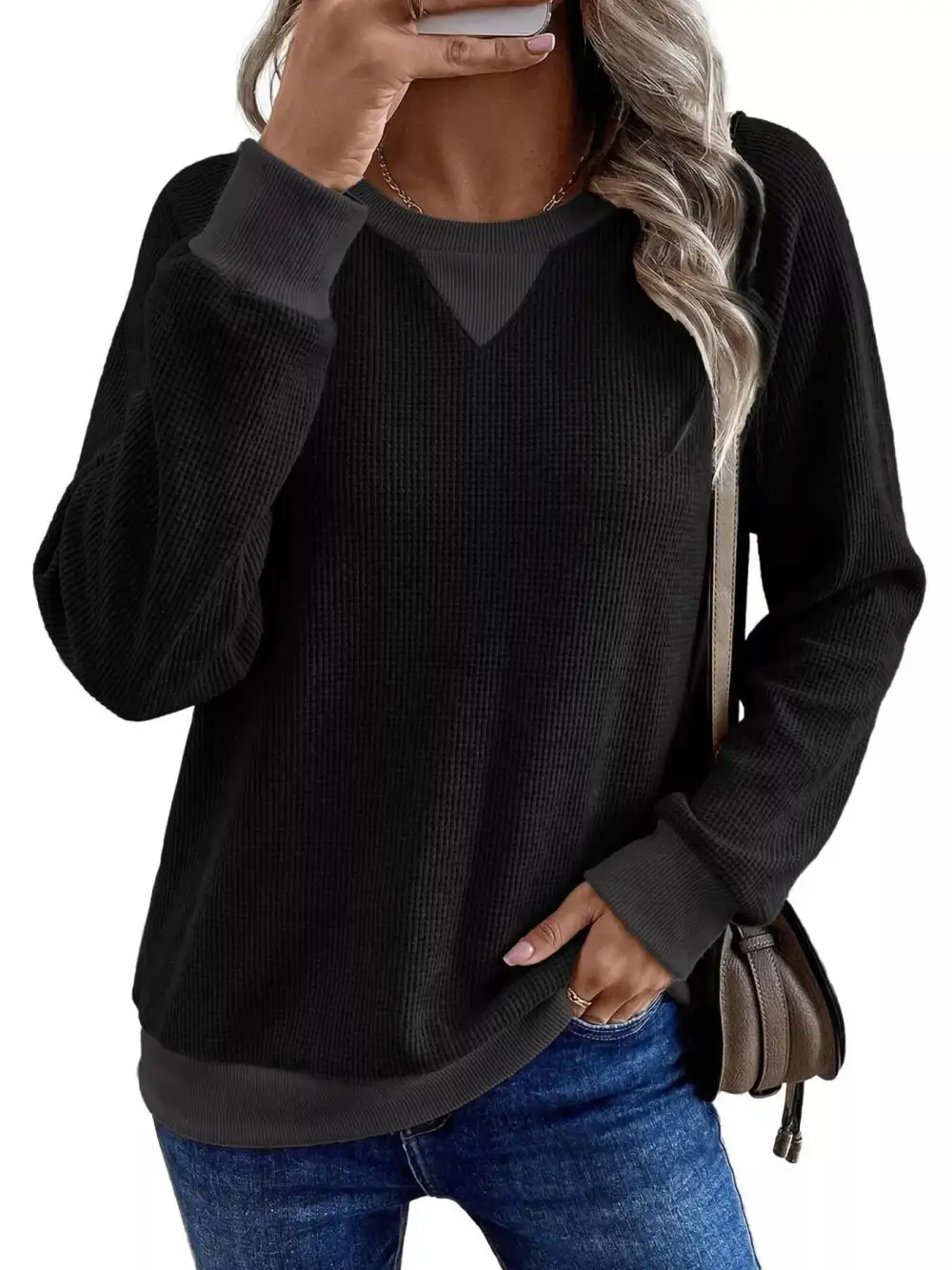Crew Neck Waffle Knit Sweatshirt