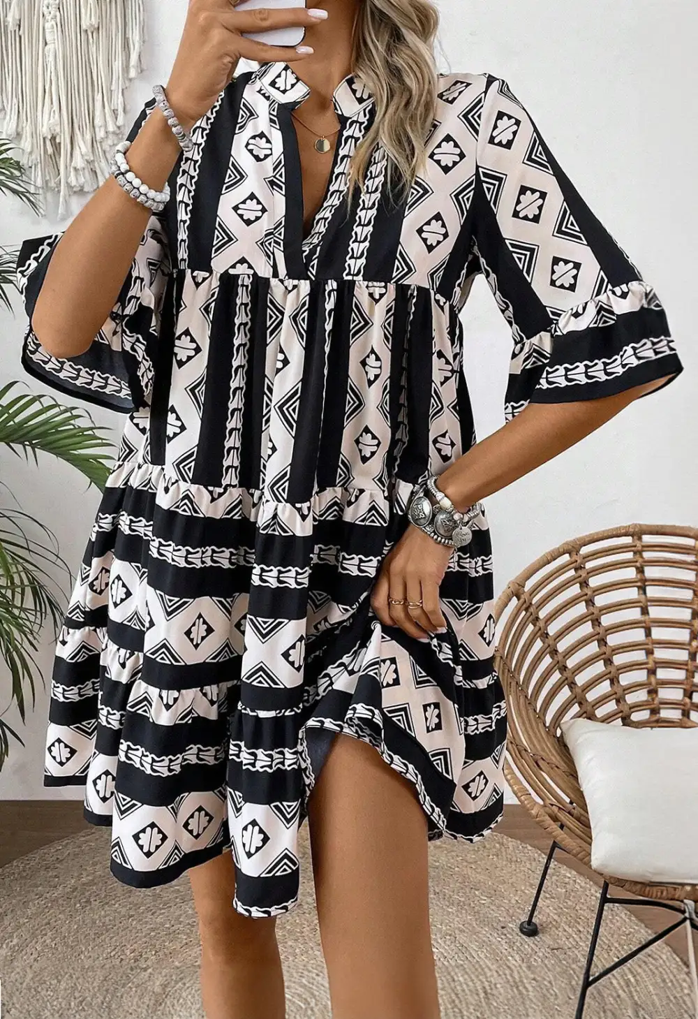 Ruffle Trim V-Neck Mini Dress