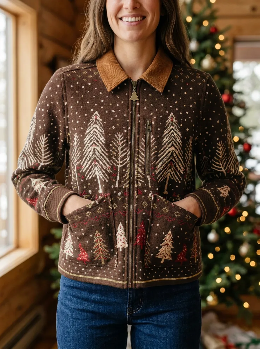 Christmas Holiday Pine Tree Pattern Print Zip-up Jacket