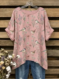 Bird Wildflower Floral Women's Loose Printed T-Shirt
