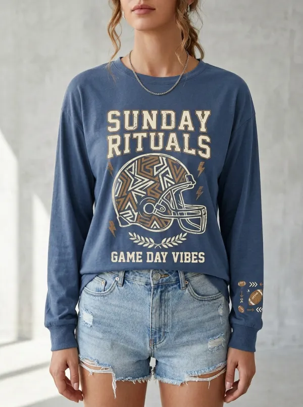 Women's Football Sunday Rituals Helmet Graphic Printed Long Sleeve Shirt