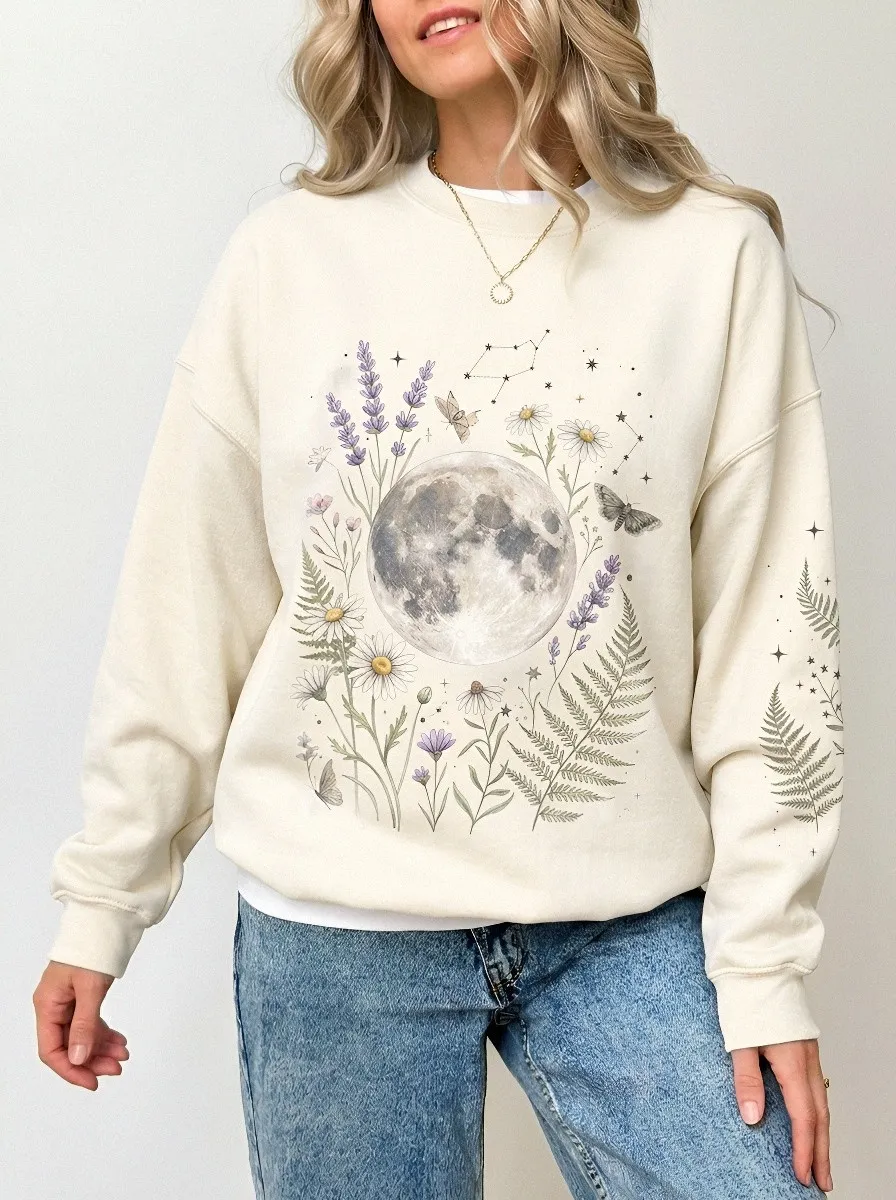 Women's Celestial Nature Lover Moon Floral Fern Printed Sweatshirt