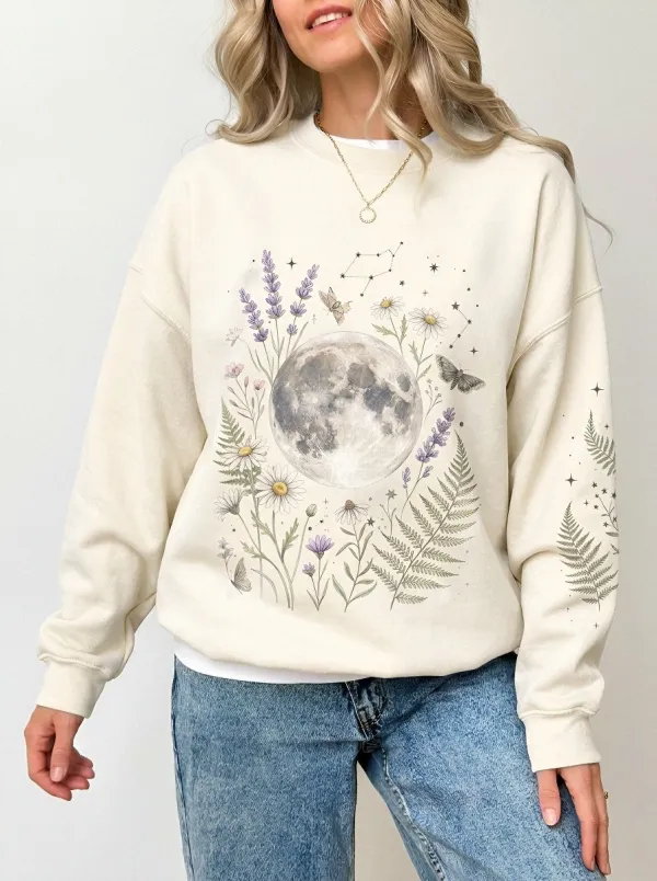 Women's Celestial Nature Lover Moon Floral Fern Printed Sweatshirt