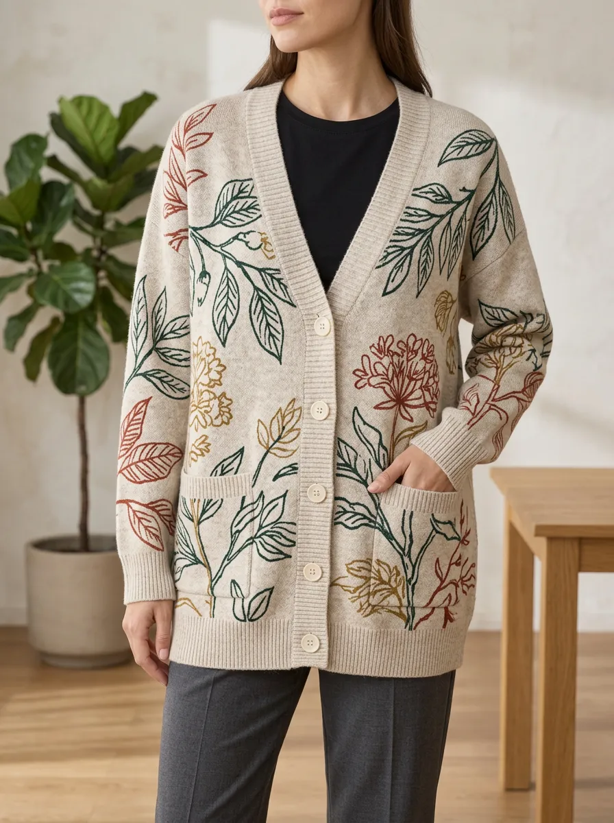 Women's Botanical Nature Lover Floral Leaves Printed V-Neck Relaxed Layering Cardigan