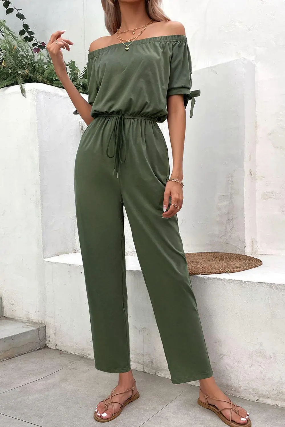 Shoulder Tie Cuff Pockets Jumpsuit