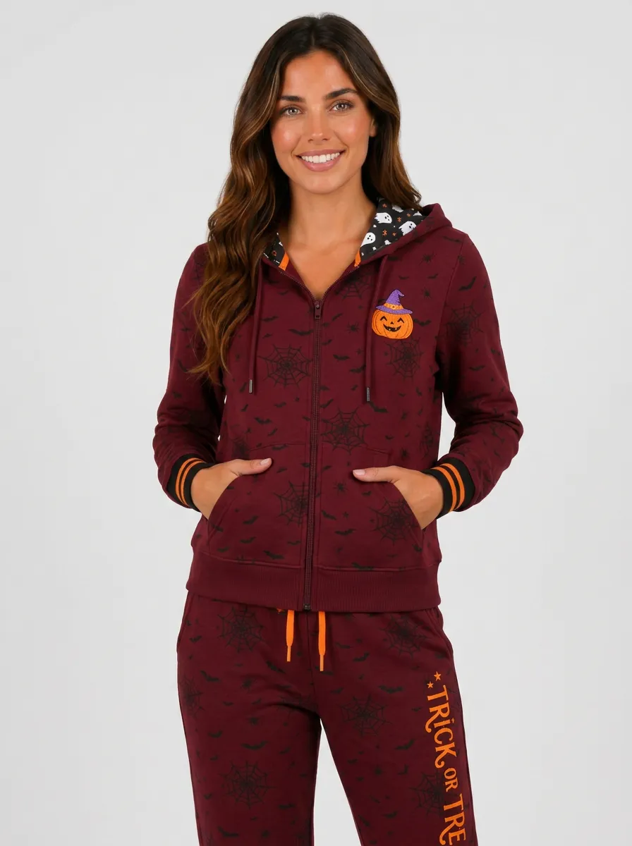 Women's Halloween Pumpkin Spiderweb Trick or Treat Printed Tracksuit