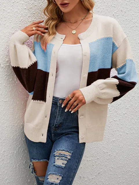 Round-Neck Long-Sleeve Drop-Shoulder Knit Cardigan