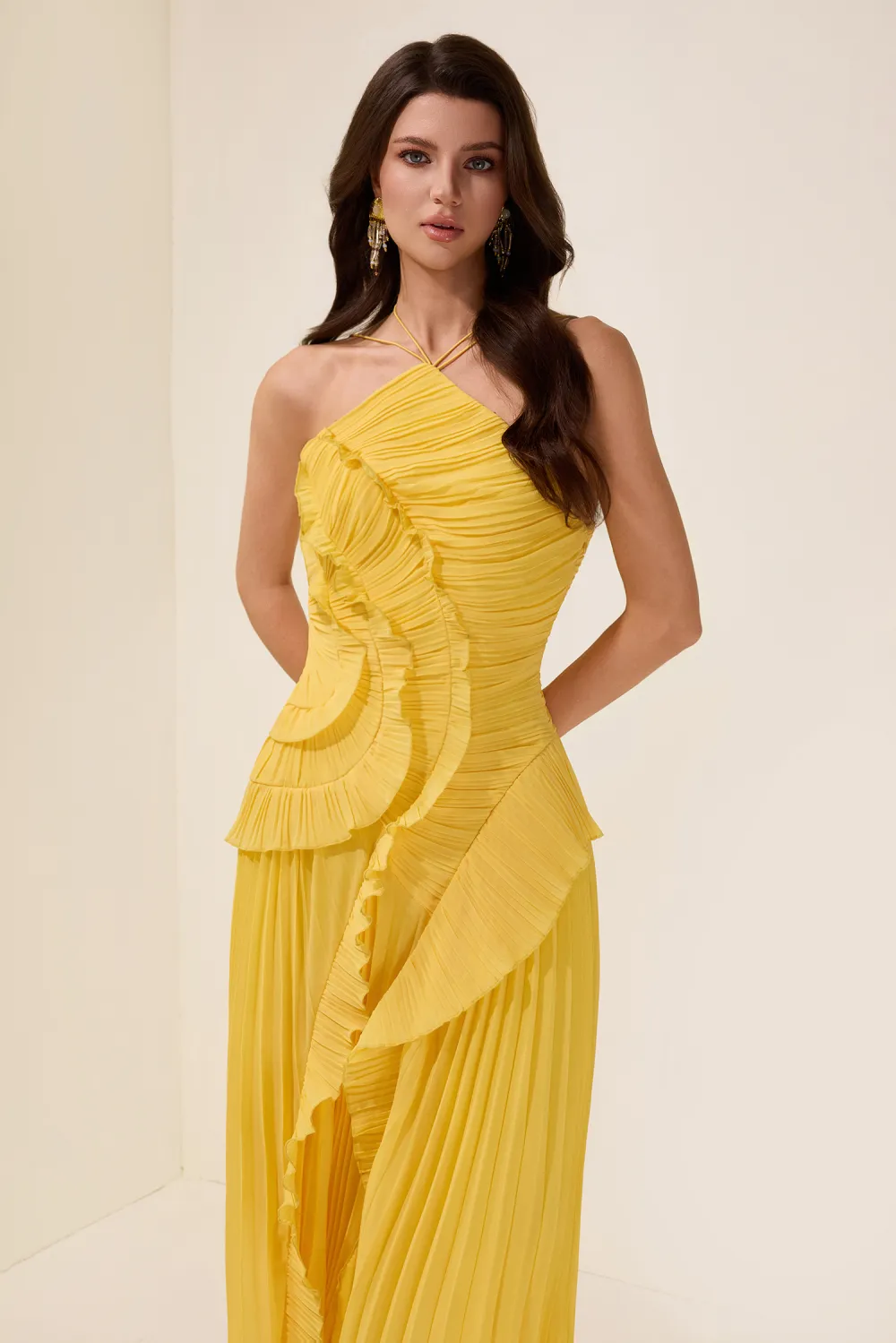 Pleated Frill Halter Neck Midi Dress