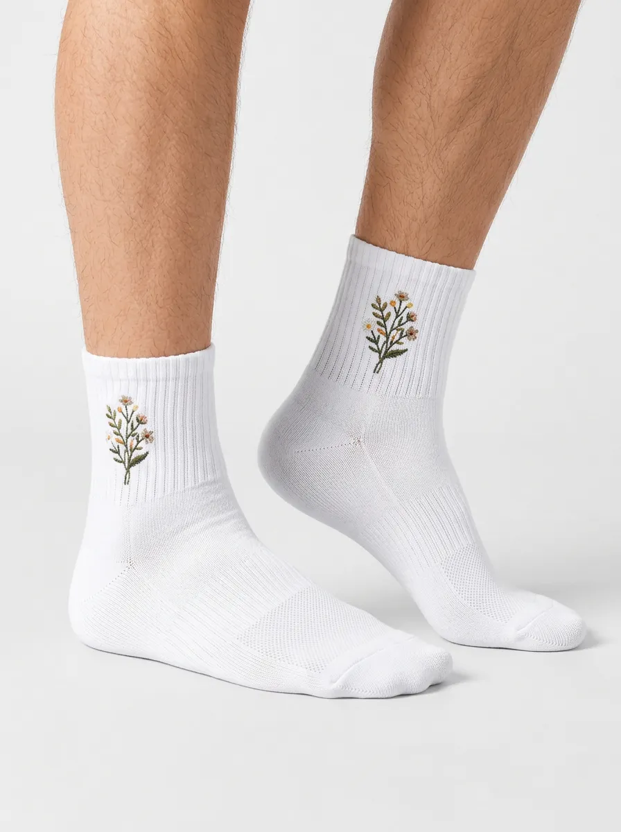 White Scenic Floral Embroidered Sport Ankle Socks