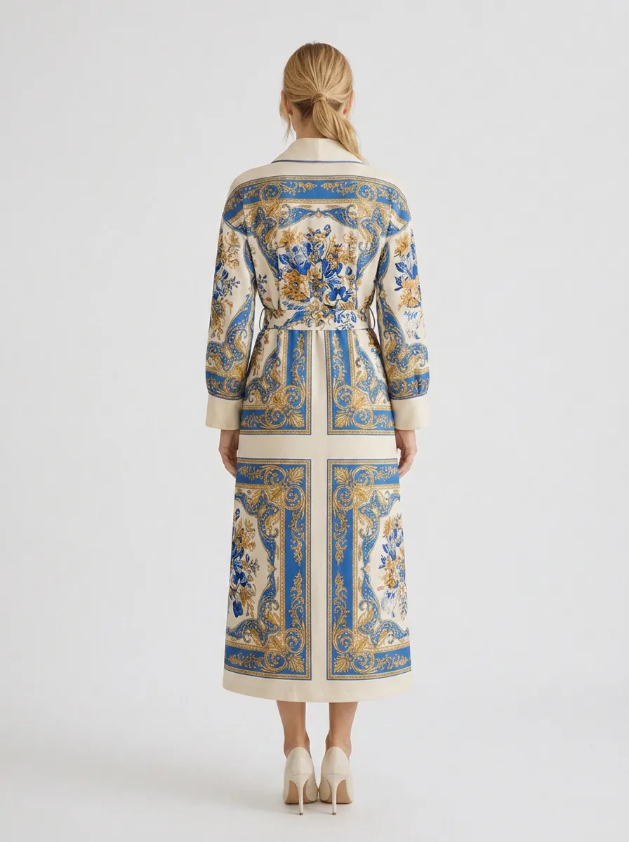 Women's Baroque Floral Pattern Printed Long Coat