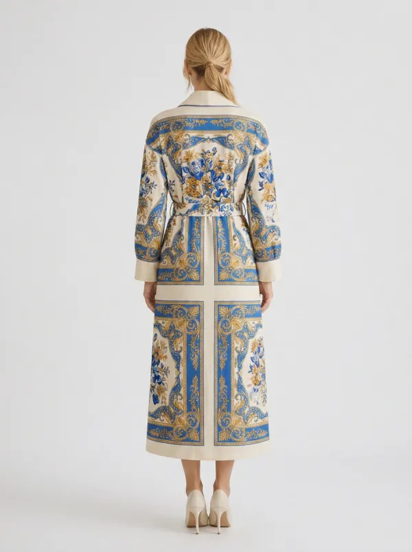 Women's Baroque Floral Pattern Printed Long Coat