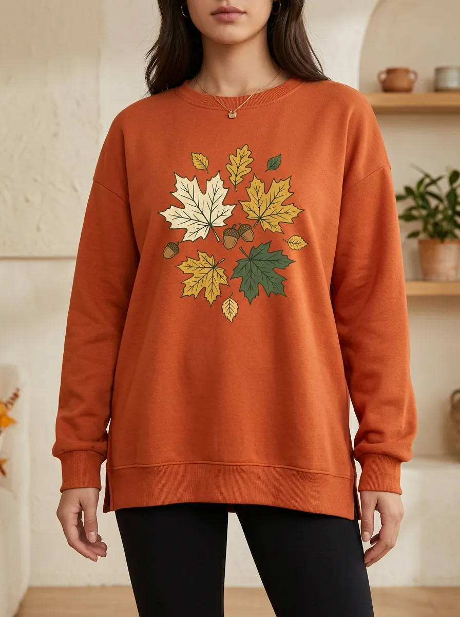 Textured Silhouette Maple-Leaf Printed Acorn Graphic Sweatshirt
