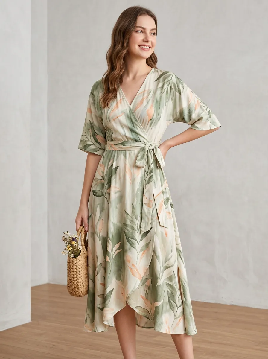 Women's Botanical Lover Watercolor Leaf Printed Wrap Dress