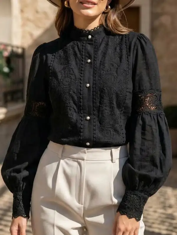 Lace Patch Lantern Sleeve Blouse