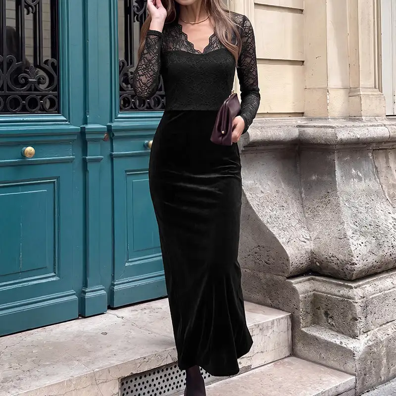 Women's Bodycon V-Neck Long-Sleeve Lace Maxi Dress