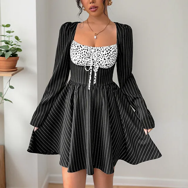 Women's Fitted Long-Sleeve Polka-Dot Summer Mini Dress