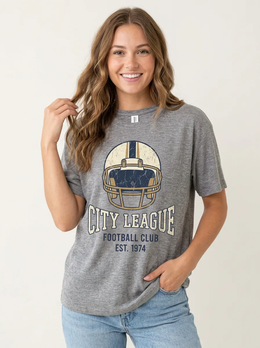 Women's Retro Inspired Helmet Football Ball Crew Neck Graphic T-Shirt