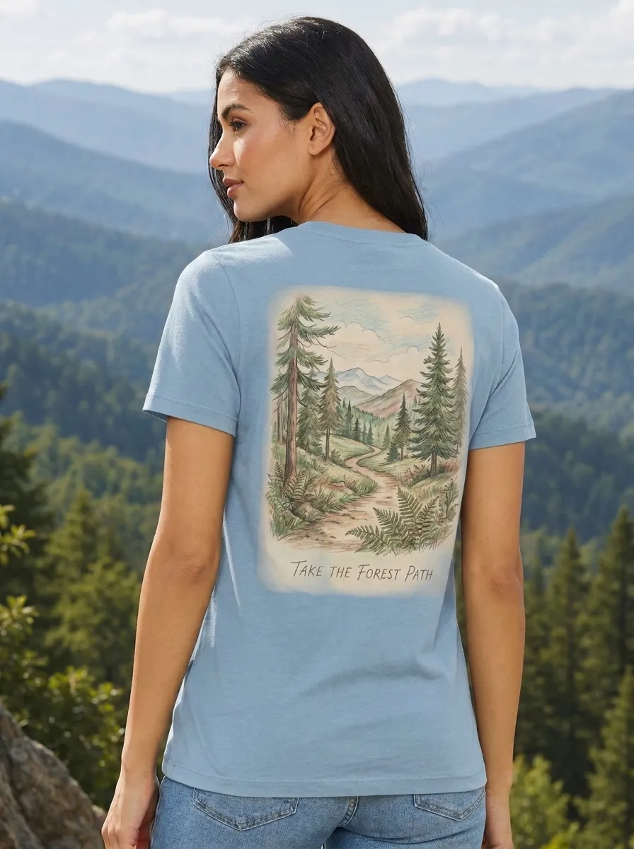 Women's Nature Lover Forest Path Mountain Sketch Printed T-shirt