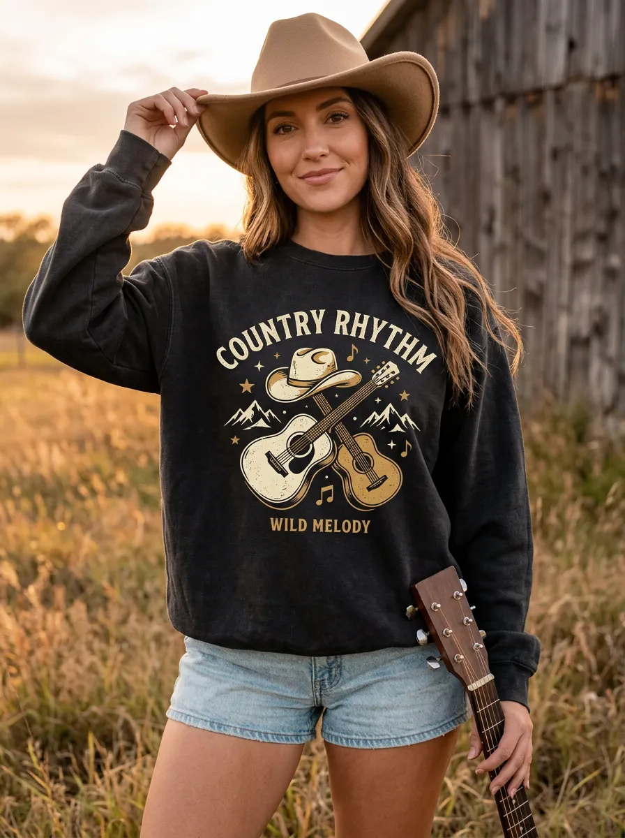 Cowboy-Hat Country Music Crewneck Sweatshirt