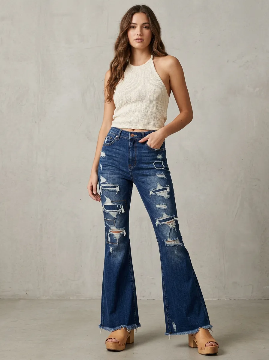 Women's Distressed Denim High-Rise Frayed Hem Flare Jeans