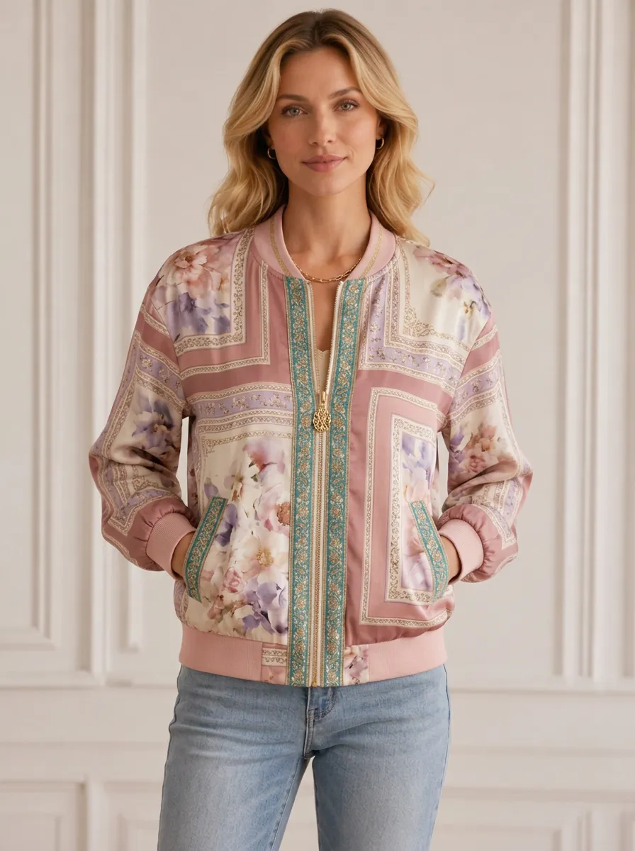 Women's Floral Scarf Print Geometric Bomber Jacket