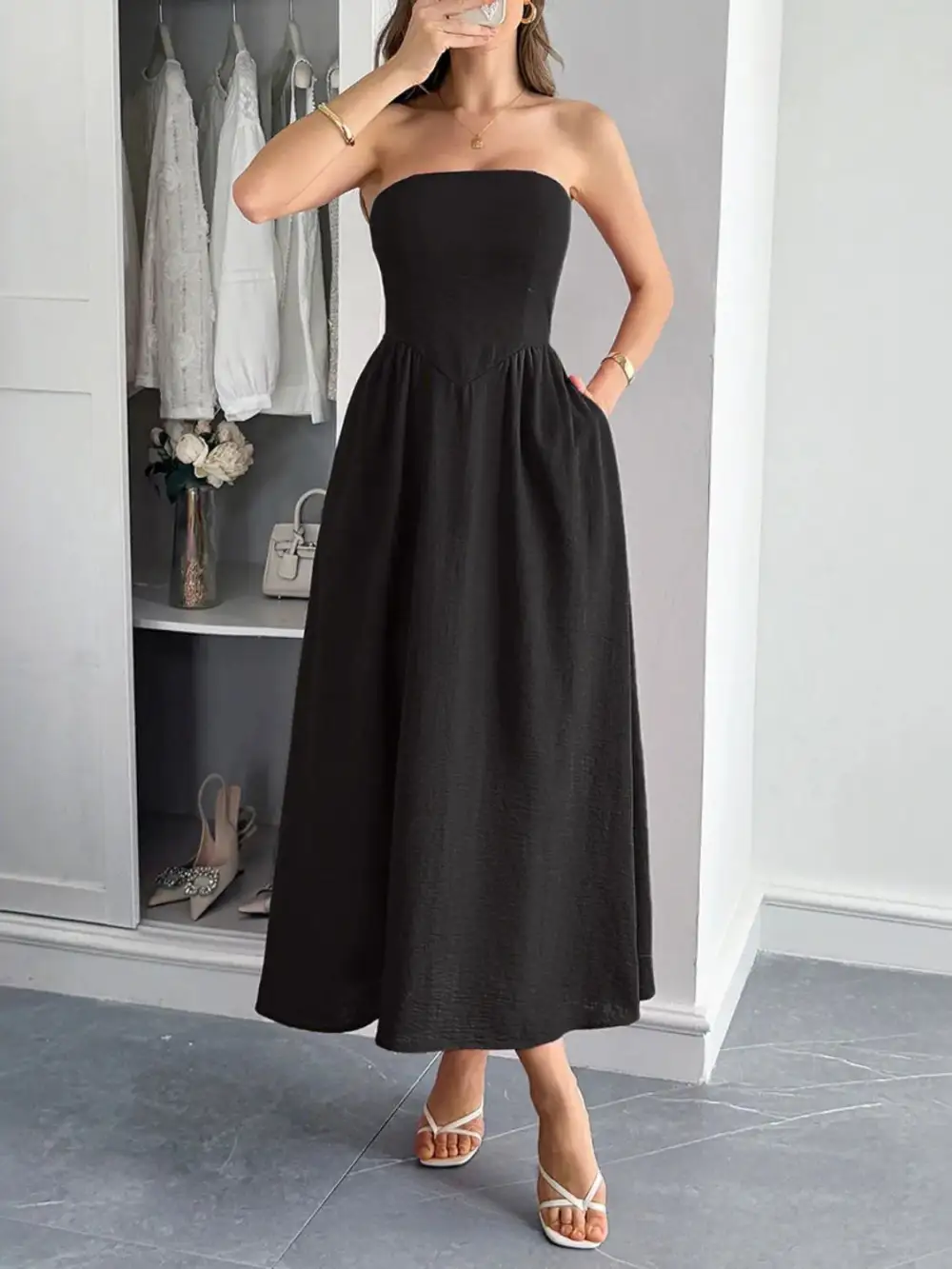 Strapless A-Line Midi Dress With Pockets